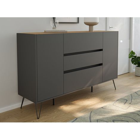 Sideboard Kommode Lovo 155cm Greifraum 3 SoftClose 2 Türen Grafit/Eiche Top (1/5)