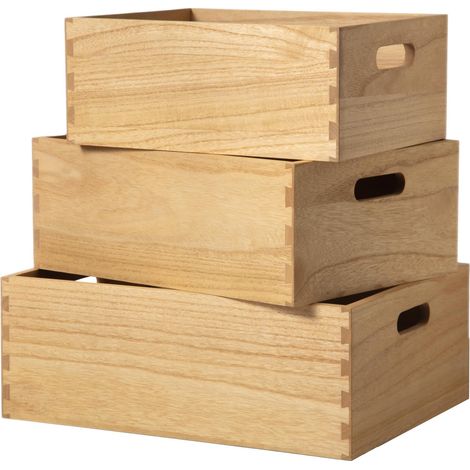 Boîtes de rangement en bois, 3 caisses emboîtables, naturel Paulownia massif, fait main, tenons et mortaises, livré monté, sans couvercle, poignées latérales, huile végétale (1/5)