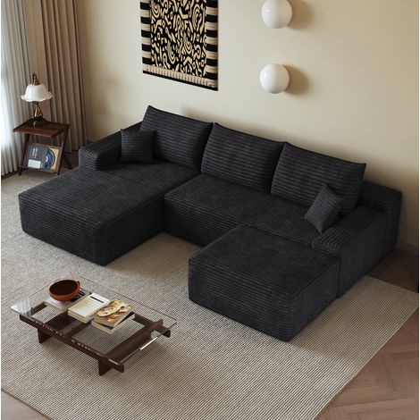 Divano angolare modulare 270 cm in tessuto nero con chaise longue a L (1/5)