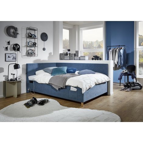 Meise Möbel Kinderbett Cool 140x200 cm Bettgestell Kopfteil & Rückenteil glatt Cordstoff Ocean Holzfuß eiche (1/5)