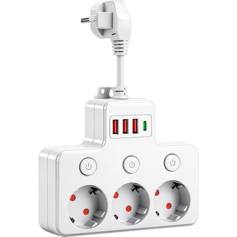 JSSEVN-Multiprise 3 Prises Murale avec.3 USB et 1 Port USB-C, Conception Murale, Interrupteur indépendant, pour Bureau, Maison, Cuisine, Salle de Bain Blanc
