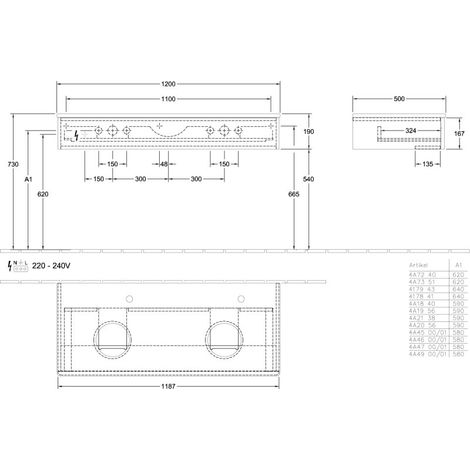 Villeroy & Boch L13150GF WTUS Antao L135 1200x190x500mm