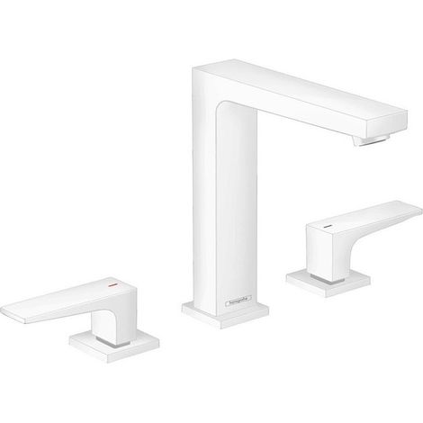 Mélongeur de lavabo 160, 3 trou s poignées manettes, bonde Push-Open blanc mat