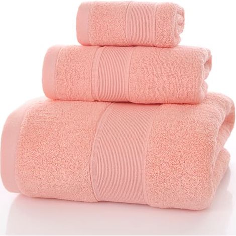 Ensemble de 3 serviettes : Gant de toilette 34 x 34 cm, Serviette 35 x 75 cm, Serviette de bain 70 x 140 cm. 100 % coton - Rose (1/5)