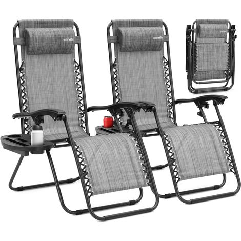 Set de 2 Chaises Pliantes - Chaise Longue Réglable pour Extérieur avec Table Latérale, Porte-Gobelets, Oreillers Amovibles - Patio, Jardin, Plage - Couleur Charbon (1/5)