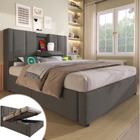 MEUBLIV Lit 90x200 cm gris – rangement hydraulique et USB, avec matelas (1/5)