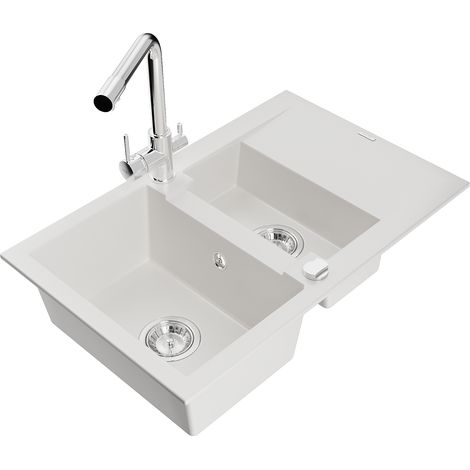 Mexen Gaspar lavello in granito 1,5 vasche con scolapiatti e rubinetto da cucina Duero, bianco - 6507-20-671600-00 (1/5)