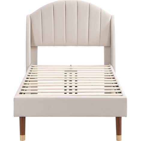 Lit rembourré 90200 avec sommier à lattes et tête de lit, lit ado, lit simple, support en lattes de bois, montage facile, velours, beige (1/5)