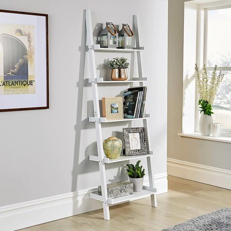 White Ladder Shelving Unit 5 Tier Display Stand Book Shelf Wall Rack Storage (1/5)