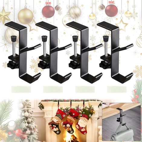 Lot de 4 crochets de cheminée pour guirlande, tige de suspension pour chaussettes de Noël, cintre réglable en aluminium robuste, noir (1/5)