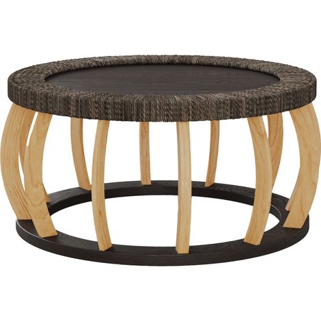 Table basse ronde vintage en bois massif et rotin, pieds courbés, noir marron (1/5)