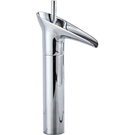 High single-hole waterfall basin tap with single handle, countertop mounting, polished chrome finish, hot/cold water