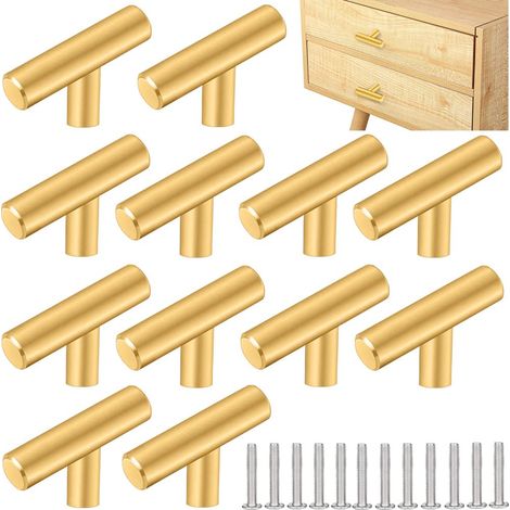 12 PCS Poignee de Meuble Cuisine Acier Inoxydable 50 32mm Poignée Meuble T Bouton de Porte Argenté Boutons de Tiroir Monotrou en T Bouton de Meuble avec 12 Vis pour Armoire Porte Placard, Or (1/5)
