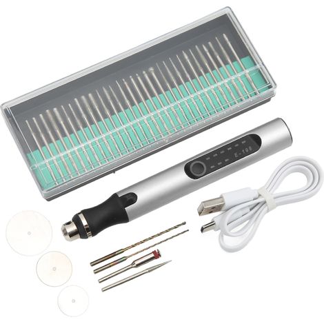 Stylo graveur portable à recharge sans fil avec trois vitesses, idéal pour le perçage, la découpe, le polissage et le lettrage. Argenté. (1/5)