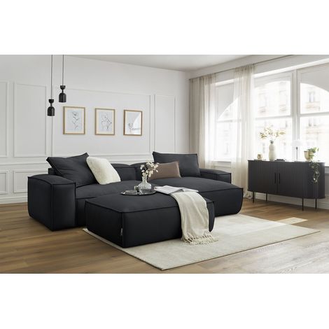 BOBOCHIC - Canapé d'angle réversible ultra moelleux BOHEME velours côtelé avec pouf Réversible Noir (1/5)