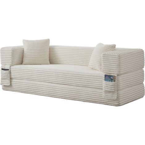 Divano Letto Convertibile in Schiuma, Design Quadrato Classico, Tessuto a Corda, Bianco (1/5)