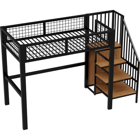 Lit mezzanine 90x200 cm avec échelle, lit enfant structure métallique et étagère, armoire, noir, chambre enfant, matelas non inclus (1/5)
