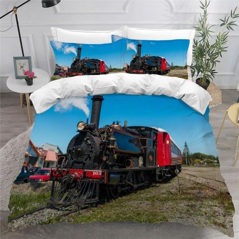 Bettwäsche-Set 200x200 cm mit 3D-Druck Zugmotiv, 100% Mikrofaser, Reißverschluss