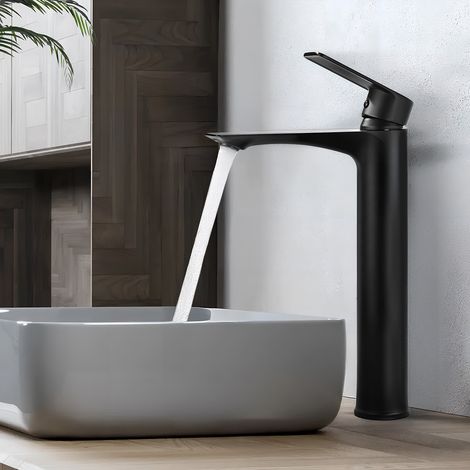 Mitigeur Lavabo Vasque à Poser Noir Bec Haut Robinet Salle de Bain en Laiton Eau Chaude et Froide (1/5)