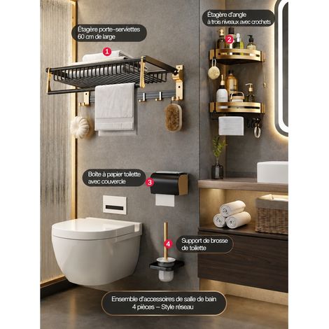 Ensemble 4 pièces panier grillagé pliable noir et or B étagère porte-serviettes salle de bain aluminium sans perçage 4 kg – Livraison gratuite (1/5)