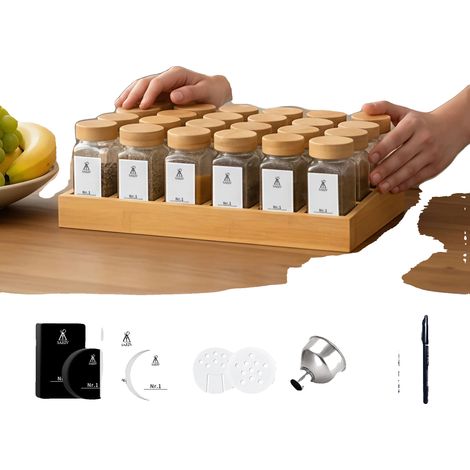 Gewürzglas-Set, langlebige Bambusablage, Glasbehälter, 25PCS (1/2)