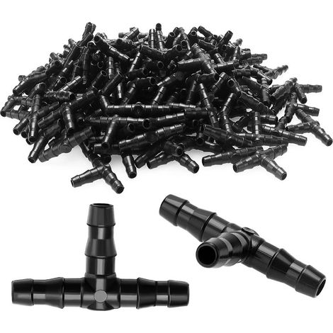 100 Pcs Tee Raccord de Tuyau 4/7mm- T Raccord Connecteur PVC d'arrosage Buse d'atomisation Goutte à Goutte Micro Spray Irrigation Joint pour Tuyau Systèmes Automatique Outil