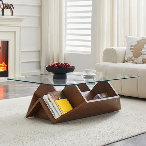 Table Basse Design - 103x63x33,5cm - Plateau Verre Trempé et Structure MDF Noyer avec Multi-Rangements - Moderne - Marron (1/5)
