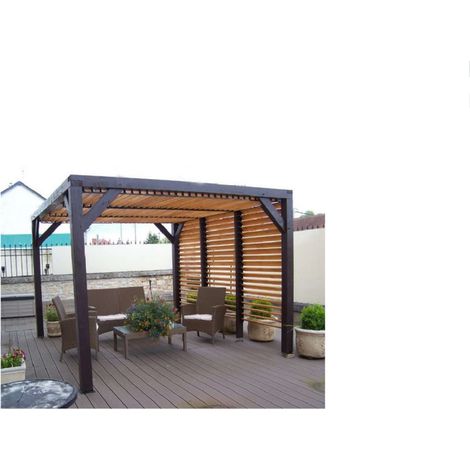 Habrita – Pergola Veneto 3,40 x 3,12 m – Sapin du Nord contrecollé – Ventelles mobiles pour ombrage ajustable – Hauteur 2,17 m (1/5)