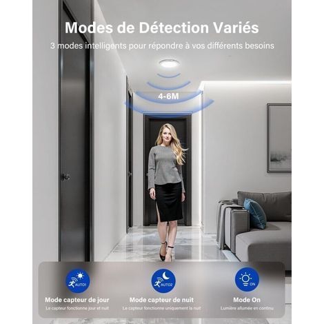 Plafonnier LED avec Detecteur de Mouvement, 6000mAh Rechargeable Plafonnier Sans Fil avec Télécommande, Ø19CM Rond Lampe Plafond 3000K-6500K Dimmable, pour Escalier Couloir Garage, Sans Percer (1/5)