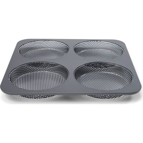 patisse Stampo forato per panini per hamburger, rivestimento antiaderente, 4 cavità rotonde da 12 cm ciascuna, dimensioni padella 28 x 28 cm, profondità 2,5 cm, medio, nero (1/5)
