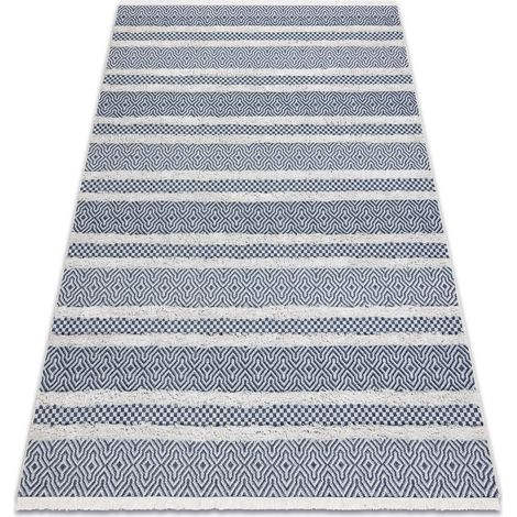 Teppich ÖKO SISAL BOHO MOROC Linien 22328 Franse - zwei Ebenen aus Vlies creme / dunkelblau, recycelter Teppich blue 136x190 cm