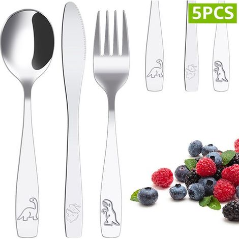 Juego de cubiertos infantiles de 15 piezas fabricado en acero inoxidable 410, que incluye tenedor, cuchara y cuchillo para niños. (1/5)