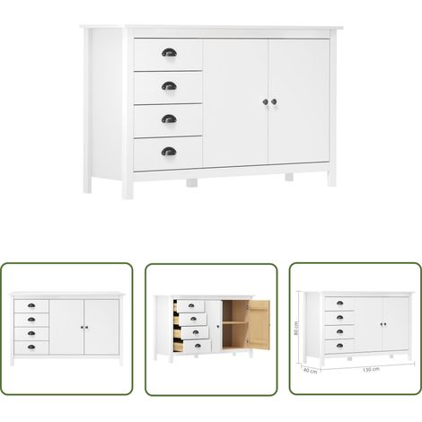 The Living Store Buffet Hill Blanc 130x40x80 cm Bois de pin solide - Buffet Blanc - Meuble Rangement - Commode - Buffet En Bois - Mobilier Salon (1/4)