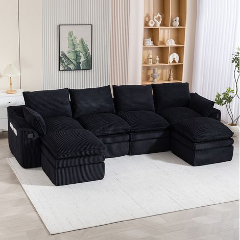 Modulares 4-Sitzer-Sofa 335x167x85 cm aus schwarzem Cord mit 2 Hockern – MEUBLIV (1/5)