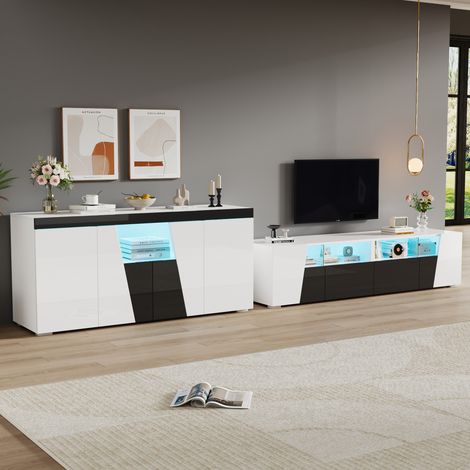 Mueble TV moderno con iluminación LED frontal alto brillo 180x38.5x45 cm blanco y negro (1/5)