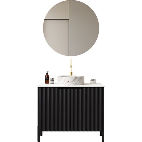 Meuble vasque 76 cm avec vasque ronde en céramique à motif pierre, plan en pierre frittée blanc carrara, double porte et CHICFURN (1/5)