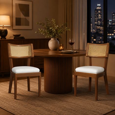 Lot de 2 chaises de salle à manger en bois massif avec dossier en cannage de rotin et assise rembourrée en lin,finition noyer (1/5)