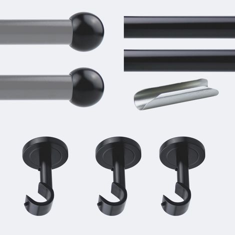Kit de tringle à rideaux Noir Mat 300cm Diam.20mm Embout Boule - Fixation Plafond - Boulet (1/3)