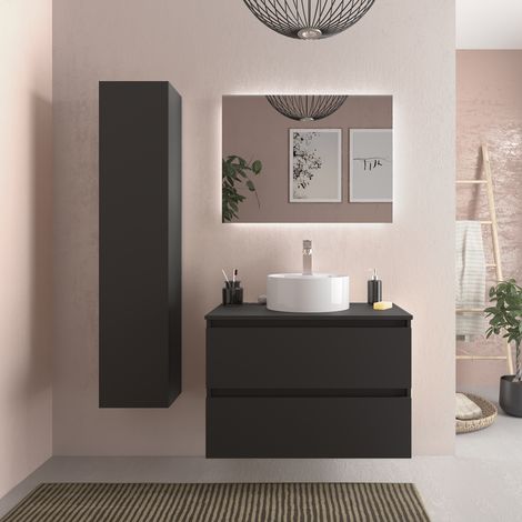 Meuble de salle de bain BEQUIA 80cm Noir mat  Avec plan toilette (vasque non incluse) (1/5)
