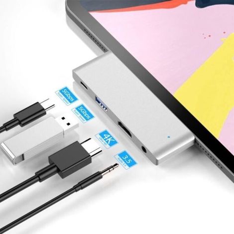 Hub USB C Adaptateur 4 en 1 pour iPad Pro, 4K-HDMI USB 3.0 AUX 3.5 mm Audio Type C pour iPad Pro 2017 (1/4)