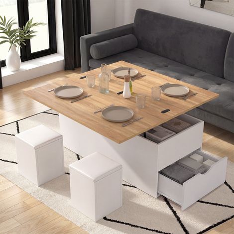 Mesa de centro con tablero elevable convertible en mesa de comedor ELEA de 100 cm con 2 reposapiés y cajón, acabado en madera bl (1/5)