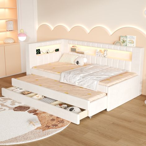 Lit banquette 90x200 cm avec lit gigogne, 3 tiroirs de rangement, éclairage LED et ports USB, tissu, MDF et contreplaqué, blanc (1/5)