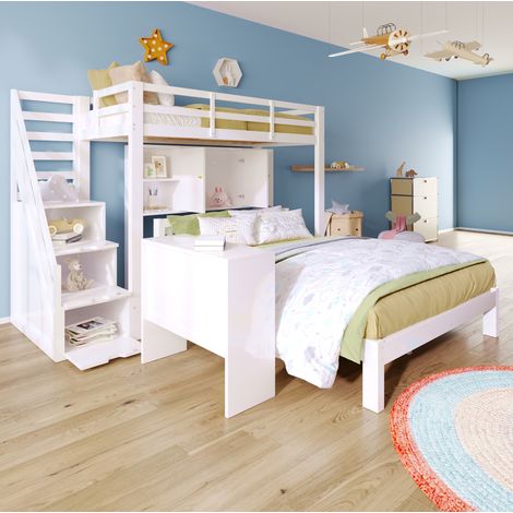 Litera de madera maciza y MDF blanca 90x200 cm + 140x200 cm con almacenaje, escalera y somier incluido (1/5)