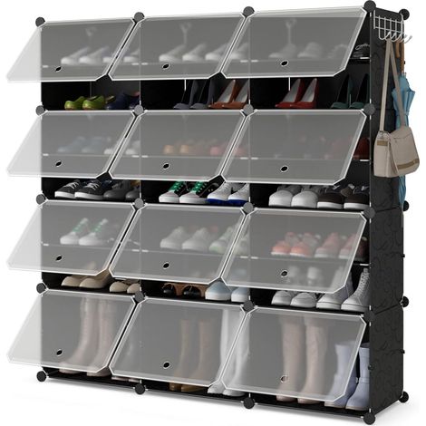 COSTWAY Meuble a Chaussure pour 48 Paires, 12 pcs Boite Rangement Chaussures, Crochet de Suspension Latéral, Rangement Chaussure Transparent Empliable, Etagere Chaussure, 124 × 32 × 125 cm (1/4)