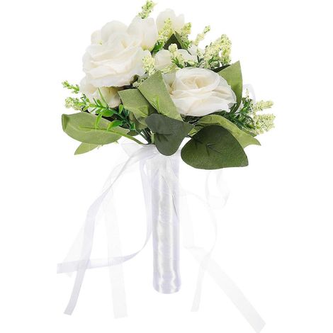 Bouquet de mariée artificiel, magnifique bouquet de mariée tenant une fleur-17x17x27cm-White (1/3)