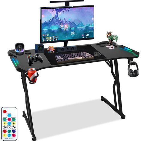 Randaco Gaming-Tisch Schreibtisch mit Kopfhörerhaken und Mauspad 140x60cm Ergonomischer PC Tisch mit Kabelloch, Z-förmige (met LED+Fernbedienung)