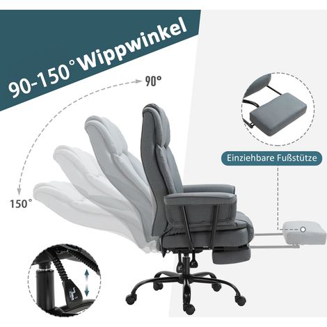 Fauteuil de travail ergonomique rotatif 360°, hauteur ajustable, avec repose-tête, accoudoirs matelassés et repose-pieds, garniture en cuir synthétique, 68 x 80 x 120–126 cm