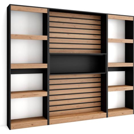 Skraut Home – Étagère bibliothèque moderne 186x230x25cm – 4 tablettes – Chêne et noir – Panneaux à lattes en bois – Pour salon et bureau (1/5)