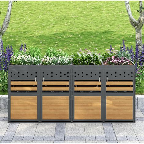 Mülltonnenbox 4er mit Pflanzdach, für 120 bis 240 Liter, abschließbar, verzinkter Stahl, Grau Natur (1/5)