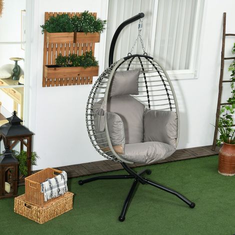 Fauteuil suspendu Outsunny balancelle rotin avec porte-gobelet et coussin, pliable, acier, charge 120 kg, gris